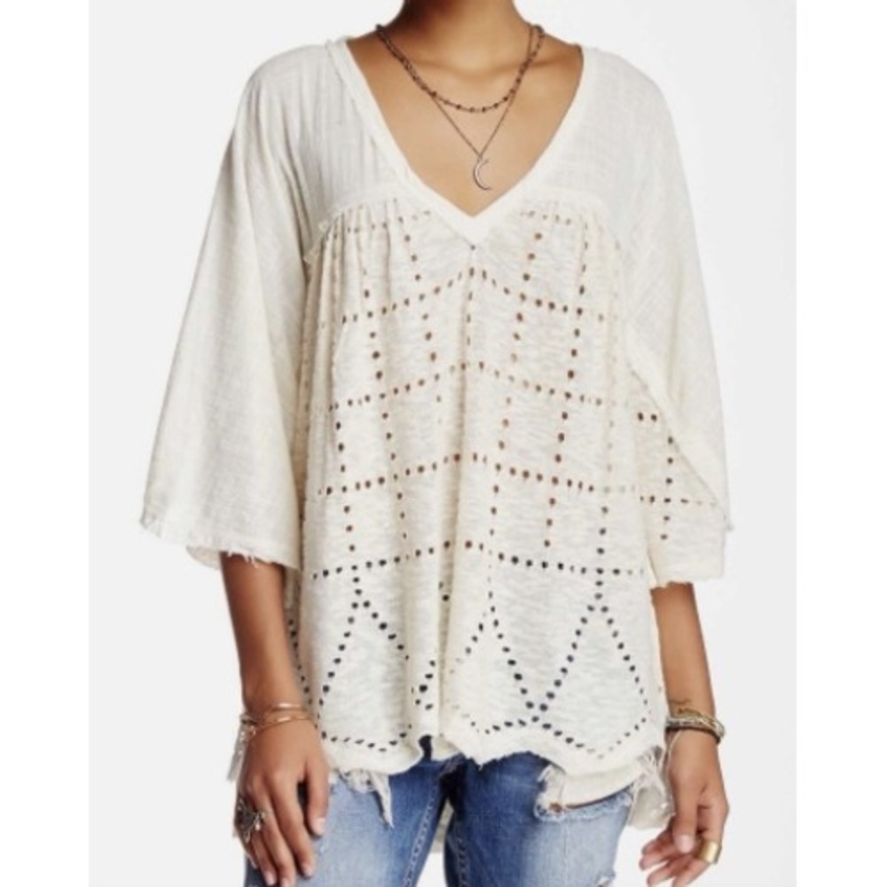 Free People Summer Lovin Linen Blend Top Women Large Ivory Distressed
